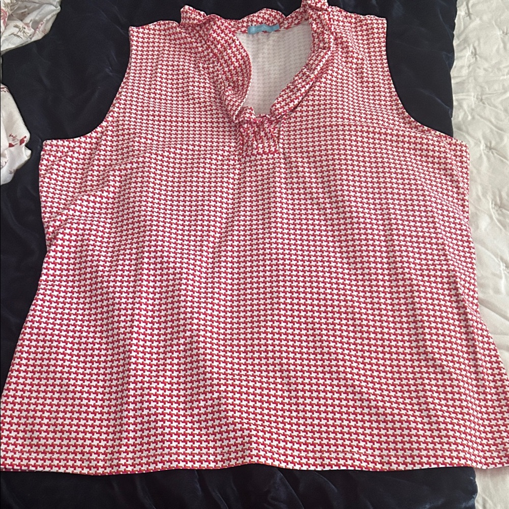 J. McLaughlin Pink Patterned Sleeveless Ruffle Neck Top